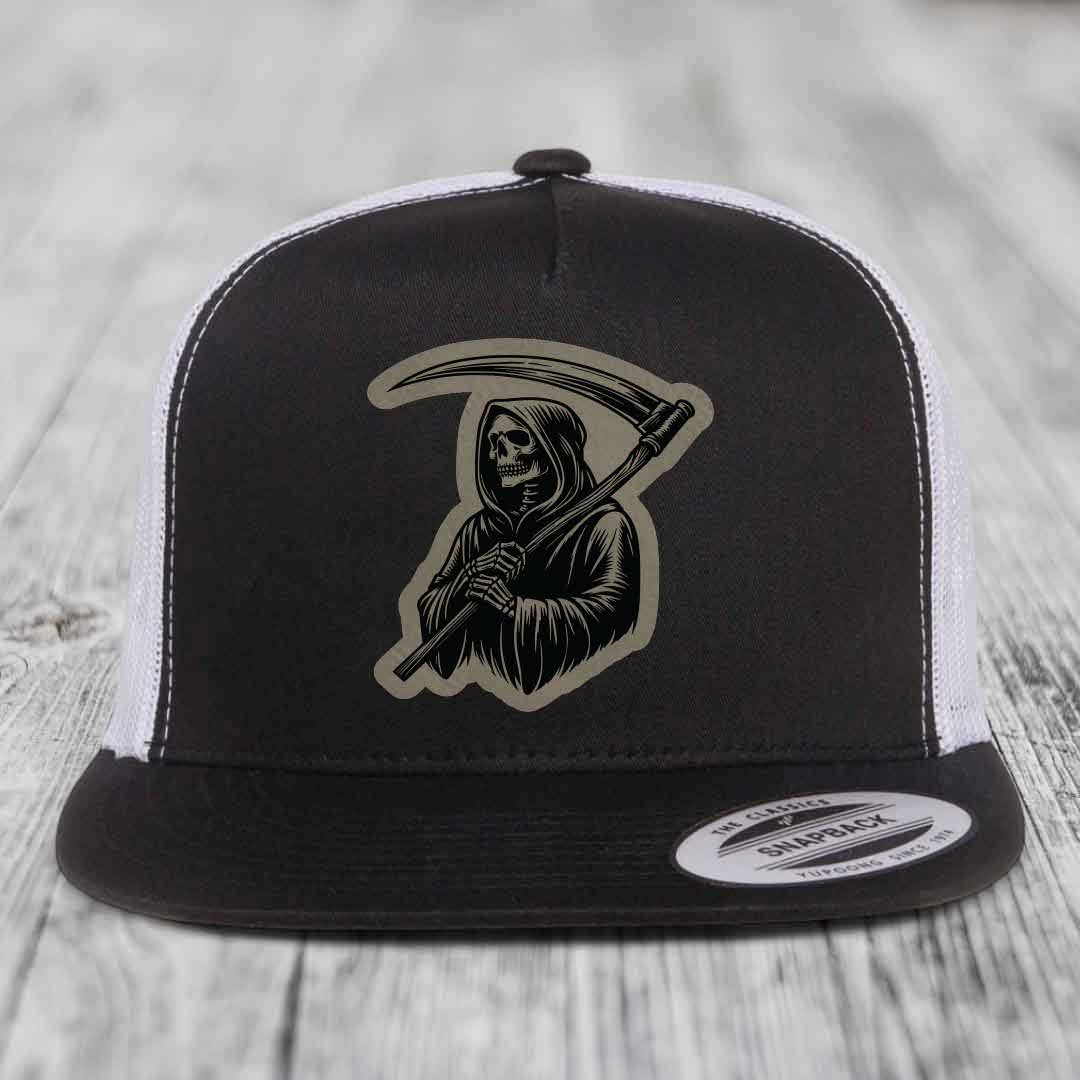 Grim Reaper - Leather Patch Hat - Light Brown to Black Patch - Yupoong 6006 Snapback Flatbill Hat