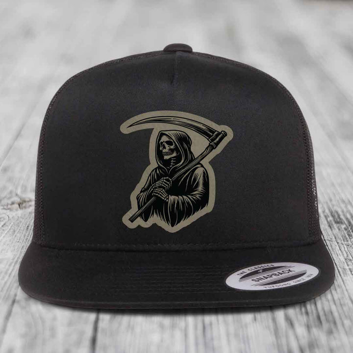 Grim Reaper - Leather Patch Hat - Light Brown to Black Patch - Yupoong 6006 Snapback Flatbill Hat