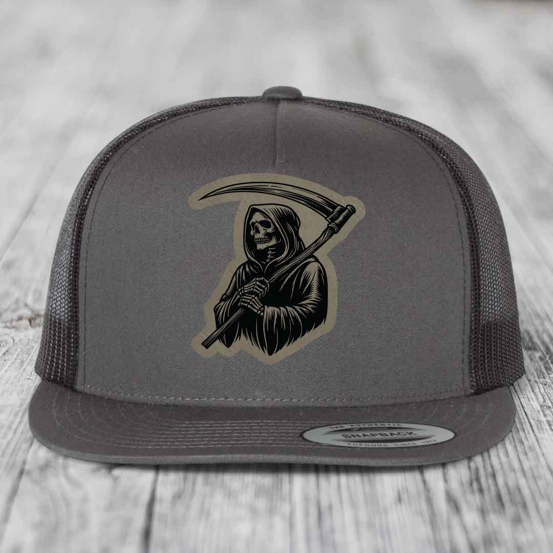 Grim Reaper - Leather Patch Hat - Light Brown to Black Patch - Yupoong 6006 Snapback Flatbill Hat