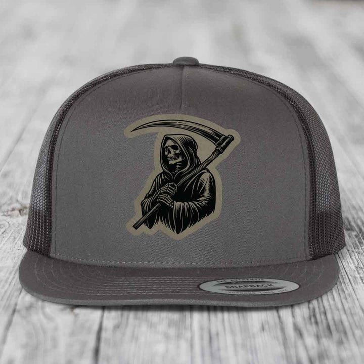 Grim Reaper - Leather Patch Hat - Light Brown to Black Patch - Yupoong 6006 Snapback Flatbill Hat