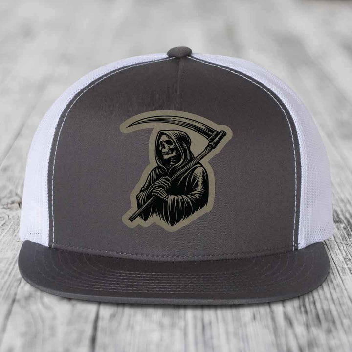 Grim Reaper - Leather Patch Hat - Light Brown to Black Patch - Yupoong 6006 Snapback Flatbill Hat