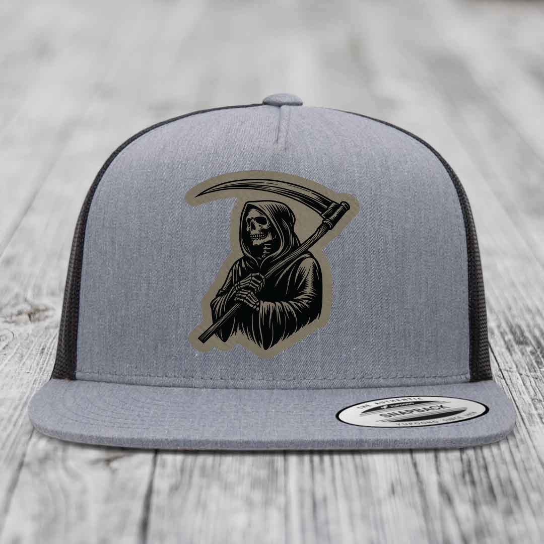 Grim Reaper - Leather Patch Hat - Light Brown to Black Patch - Yupoong 6006 Snapback Flatbill Hat