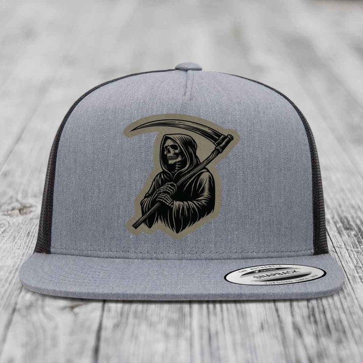 Grim Reaper - Leather Patch Hat - Light Brown to Black Patch - Yupoong 6006 Snapback Flatbill Hat