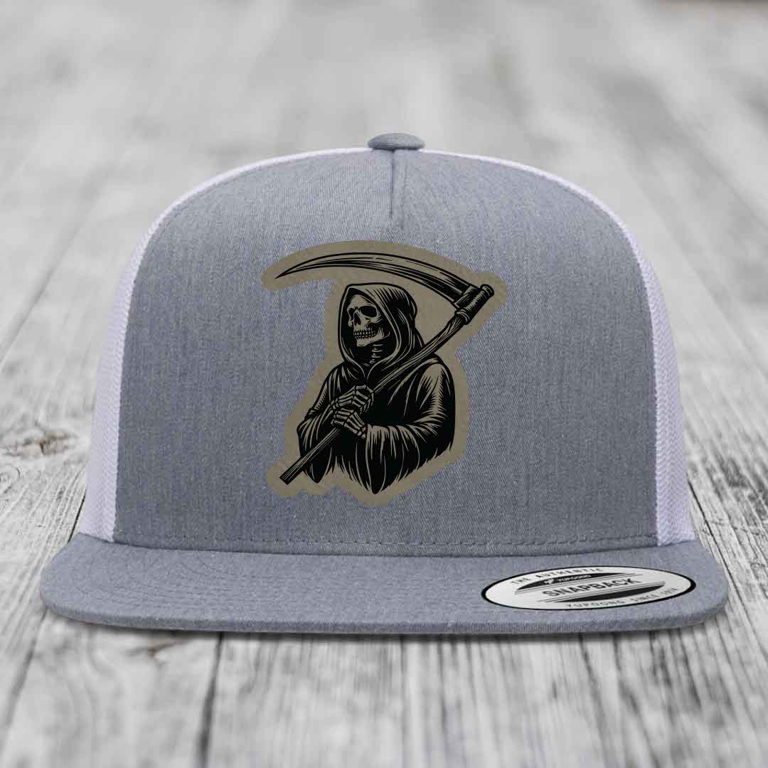 Grim Reaper - Leather Patch Hat - Light Brown to Black Patch - Yupoong 6006 Snapback Flatbill Hat