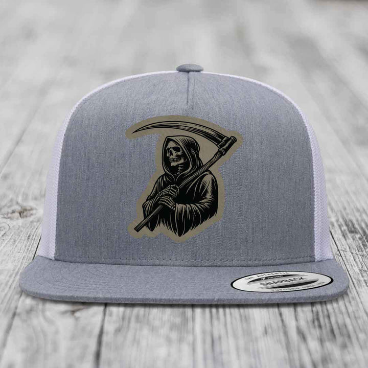 Grim Reaper - Leather Patch Hat - Light Brown to Black Patch - Yupoong 6006 Snapback Flatbill Hat