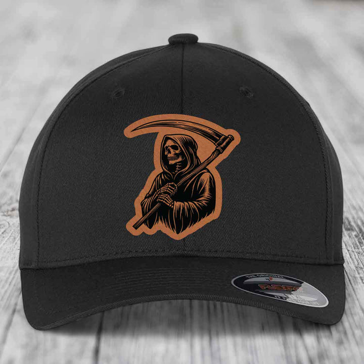 Grim Reaper - Leather Patch Hat - Rawhide to Black Patch - Flexfit 6277 Fitted Hat
