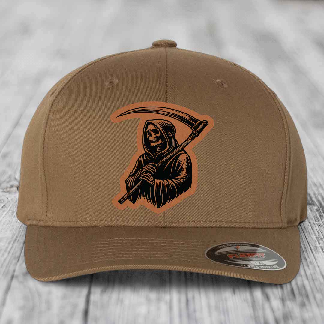 Grim Reaper - Leather Patch Hat - Rawhide to Black Patch - Flexfit 6277 Fitted Hat