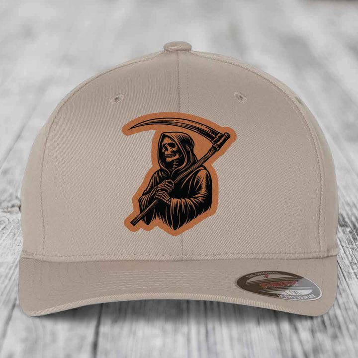Grim Reaper - Leather Patch Hat - Rawhide to Black Patch - Flexfit 6277 Fitted Hat