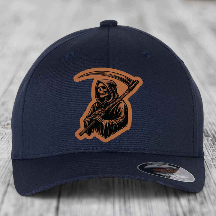 Grim Reaper - Leather Patch Hat - Rawhide to Black Patch - Flexfit 6277 Fitted Hat