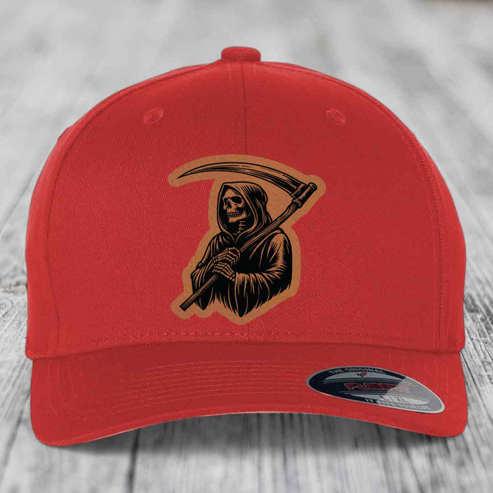 Grim Reaper - Leather Patch Hat - Rawhide to Black Patch - Flexfit 6277 Fitted Hat
