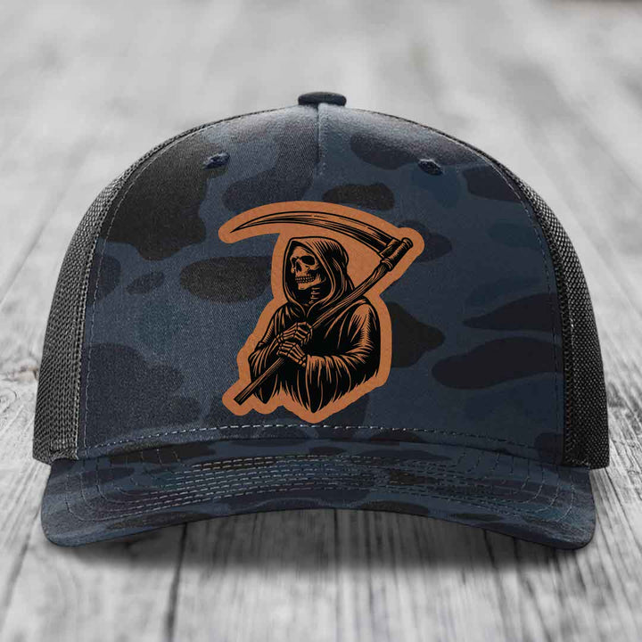 Grim Reaper - Leather Patch Hat - Rawhide to Black Patch - Richardson 112PFP Snapback Trucker Hat