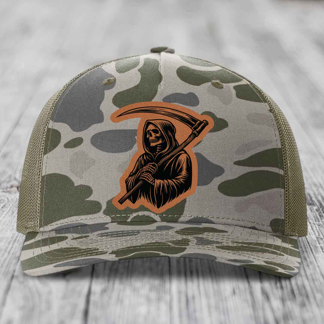 Grim Reaper - Leather Patch Hat - Rawhide to Black Patch - Richardson 112PFP Snapback Trucker Hat