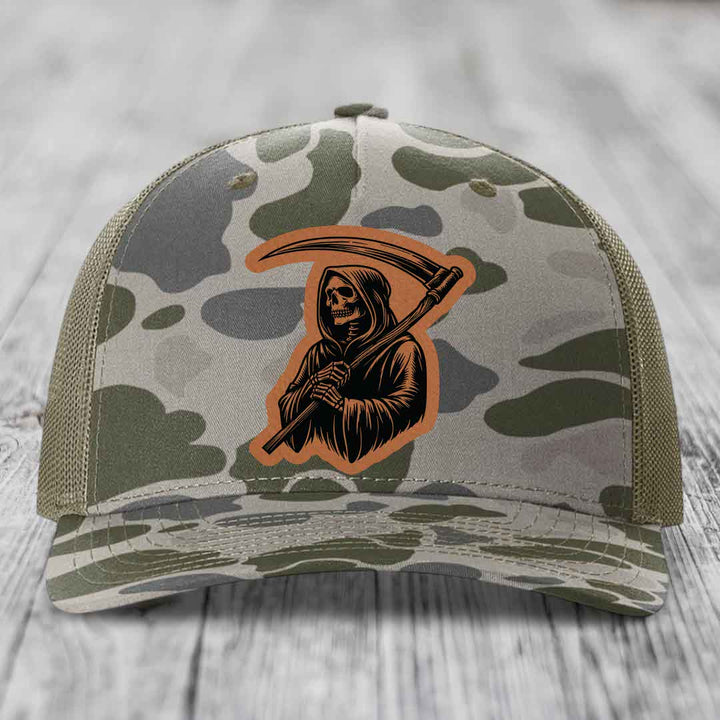 Grim Reaper - Leather Patch Hat - Rawhide to Black Patch - Richardson 112PFP Snapback Trucker Hat