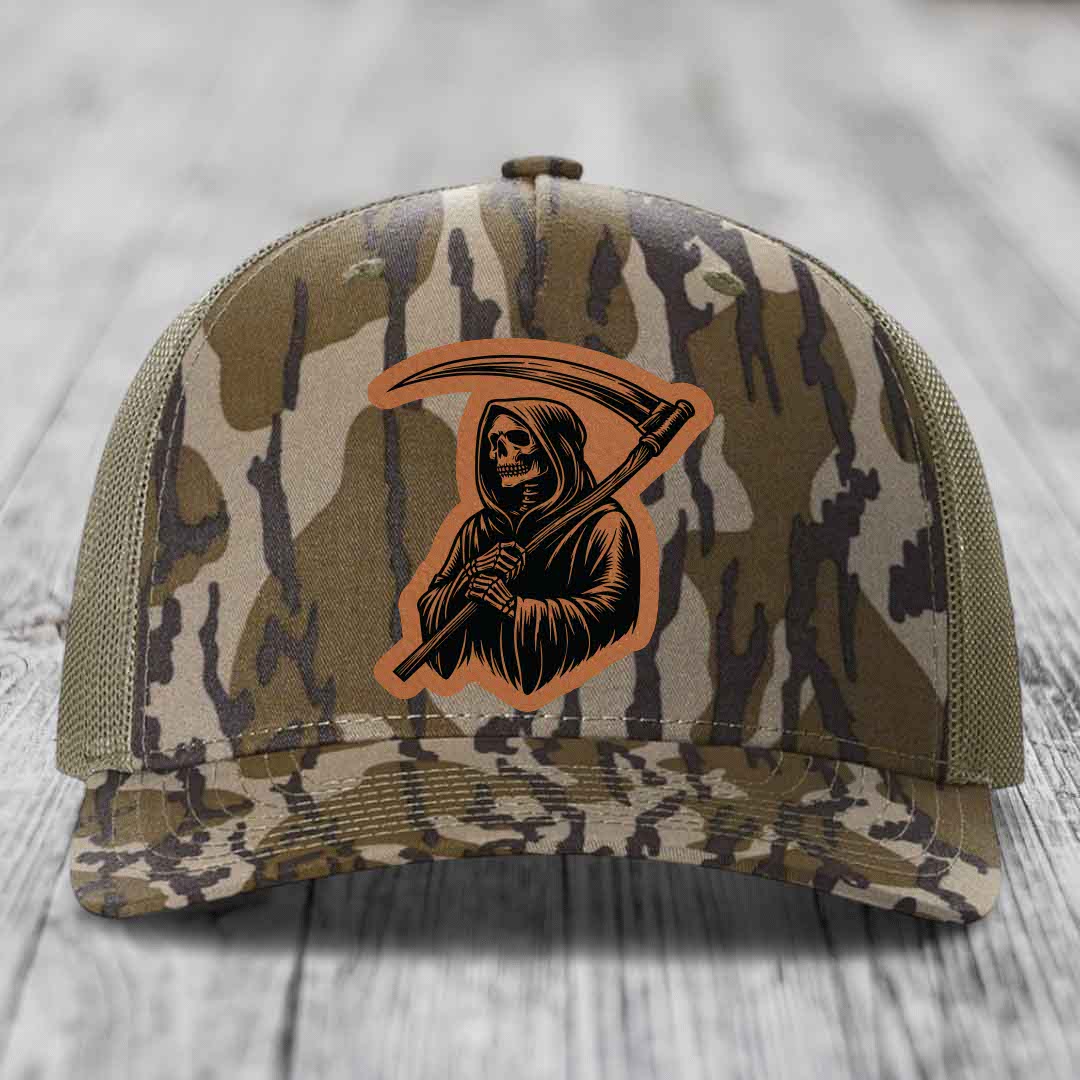 Grim Reaper - Leather Patch Hat - Rawhide to Black Patch - Richardson 112PFP Snapback Trucker Hat