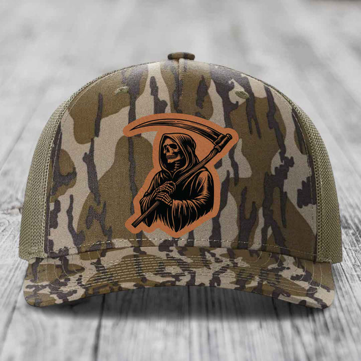 Grim Reaper - Leather Patch Hat - Rawhide to Black Patch - Richardson 112PFP Snapback Trucker Hat