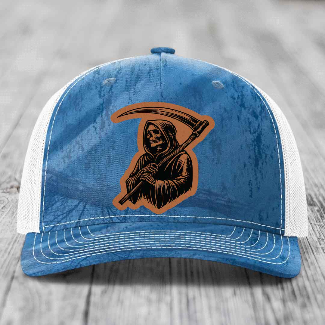 Grim Reaper - Leather Patch Hat - Rawhide to Black Patch - Richardson 112PFP Snapback Trucker Hat