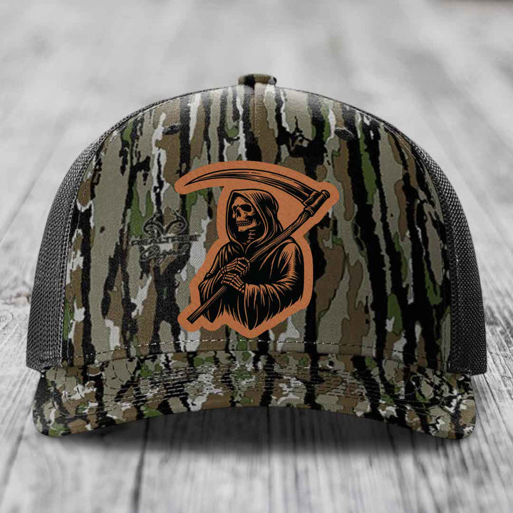 Grim Reaper - Leather Patch Hat - Rawhide to Black Patch - Richardson 112PFP Snapback Trucker Hat