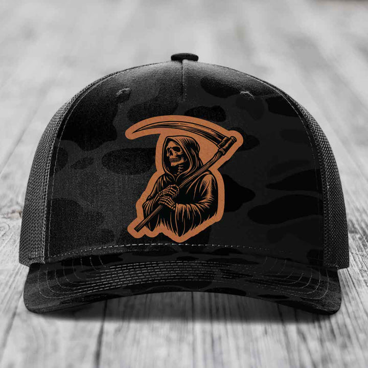 Grim Reaper - Leather Patch Hat - Rawhide to Black Patch - Richardson 112PFP Snapback Trucker Hat