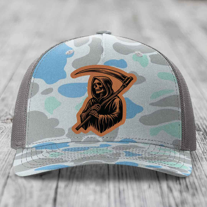 Grim Reaper - Leather Patch Hat - Rawhide to Black Patch - Richardson 112PFP Snapback Trucker Hat