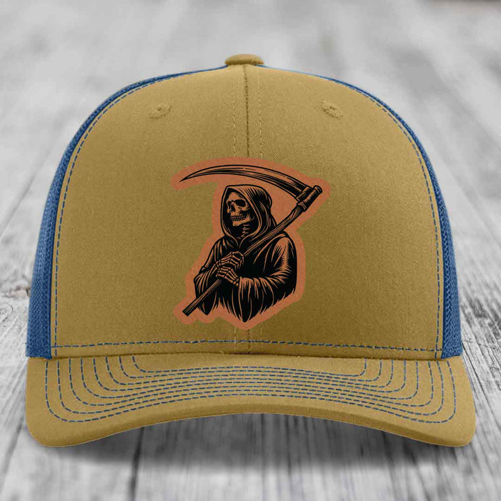 Grim Reaper - Leather Patch Hat - Rawhide to Black Patch - Richardson 112 Snapback Trucker Hat
