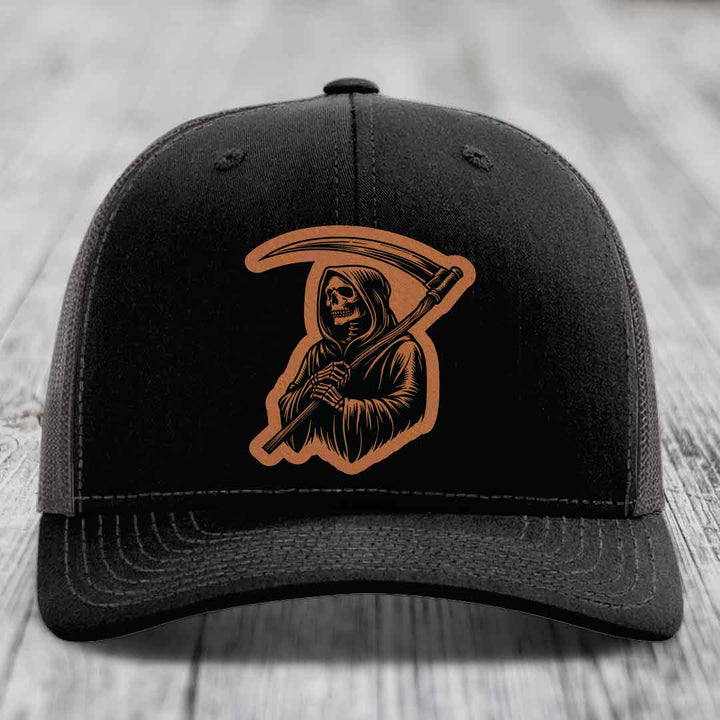 Grim Reaper - Leather Patch Hat - Rawhide to Black Patch - Richardson 112 Snapback Trucker Hat