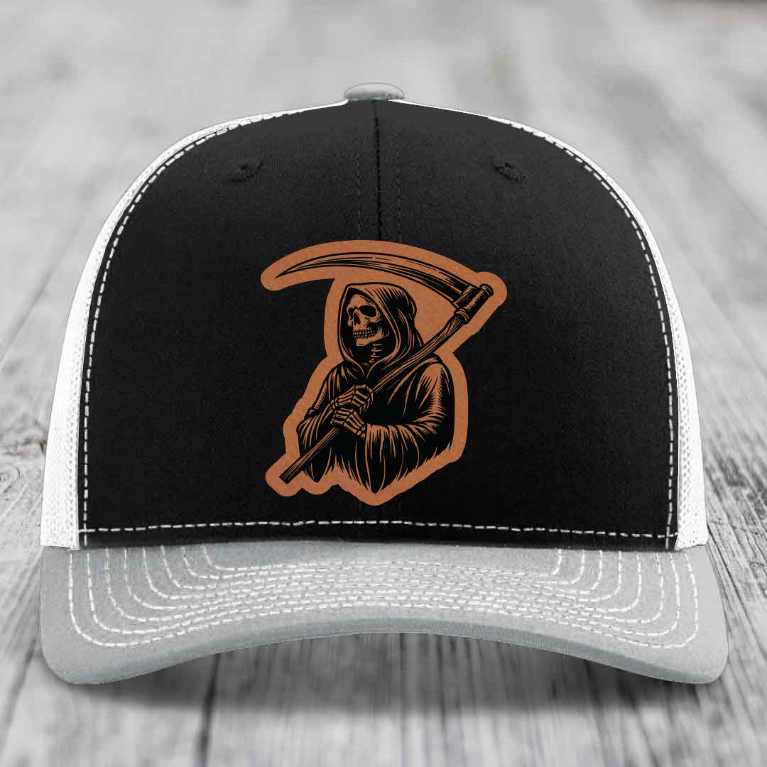 Grim Reaper - Leather Patch Hat - Rawhide to Black Patch - Richardson 112 Snapback Trucker Hat