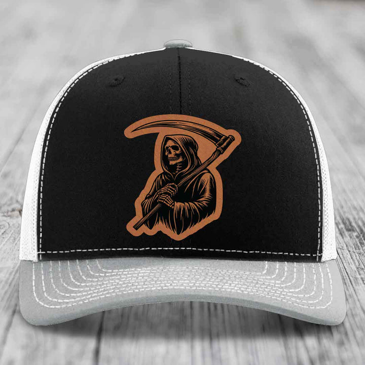 Grim Reaper - Leather Patch Hat - Rawhide to Black Patch - Richardson 112 Snapback Trucker Hat