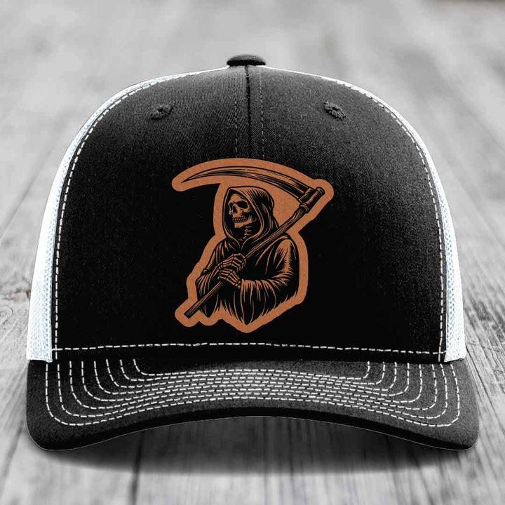 Grim Reaper - Leather Patch Hat - Rawhide to Black Patch - Richardson 112 Snapback Trucker Hat