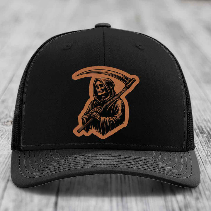 Grim Reaper - Leather Patch Hat - Rawhide to Black Patch - Richardson 112 Snapback Trucker Hat