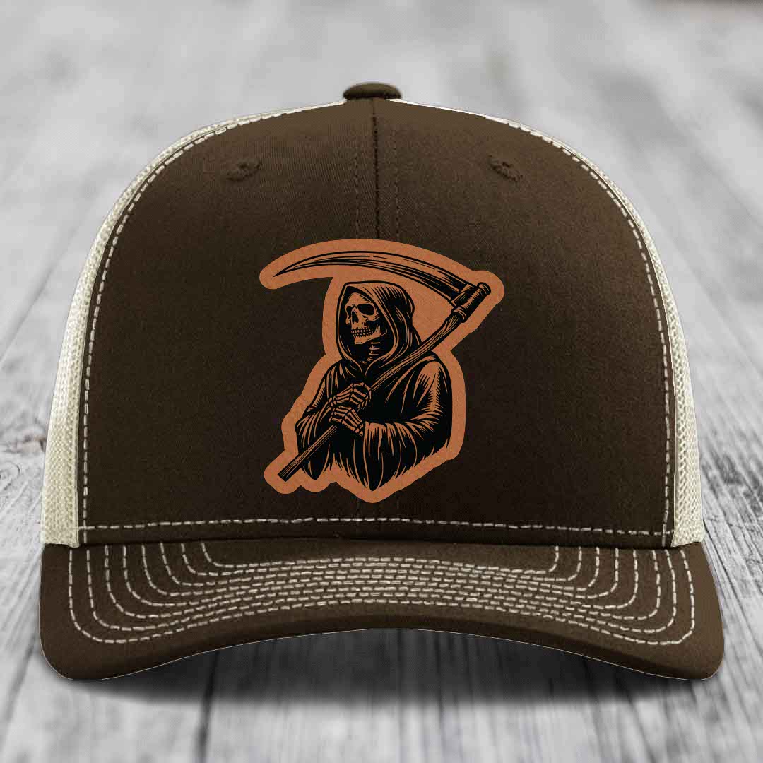 Grim Reaper - Leather Patch Hat - Rawhide to Black Patch - Richardson 112 Snapback Trucker Hat