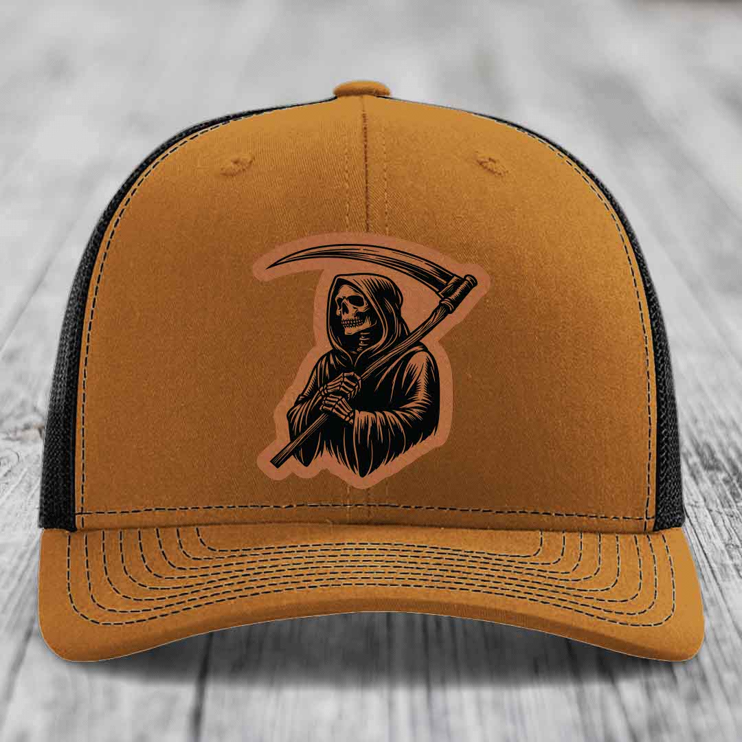 Grim Reaper - Leather Patch Hat - Rawhide to Black Patch - Richardson 112 Snapback Trucker Hat