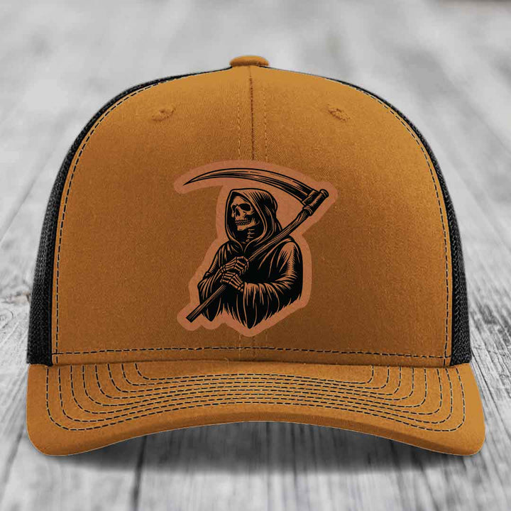 Grim Reaper - Leather Patch Hat - Rawhide to Black Patch - Richardson 112 Snapback Trucker Hat
