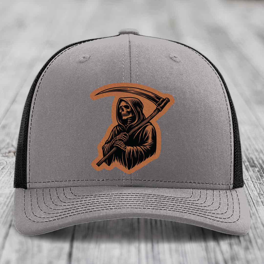 Grim Reaper - Leather Patch Hat - Rawhide to Black Patch - Richardson 112 Snapback Trucker Hat