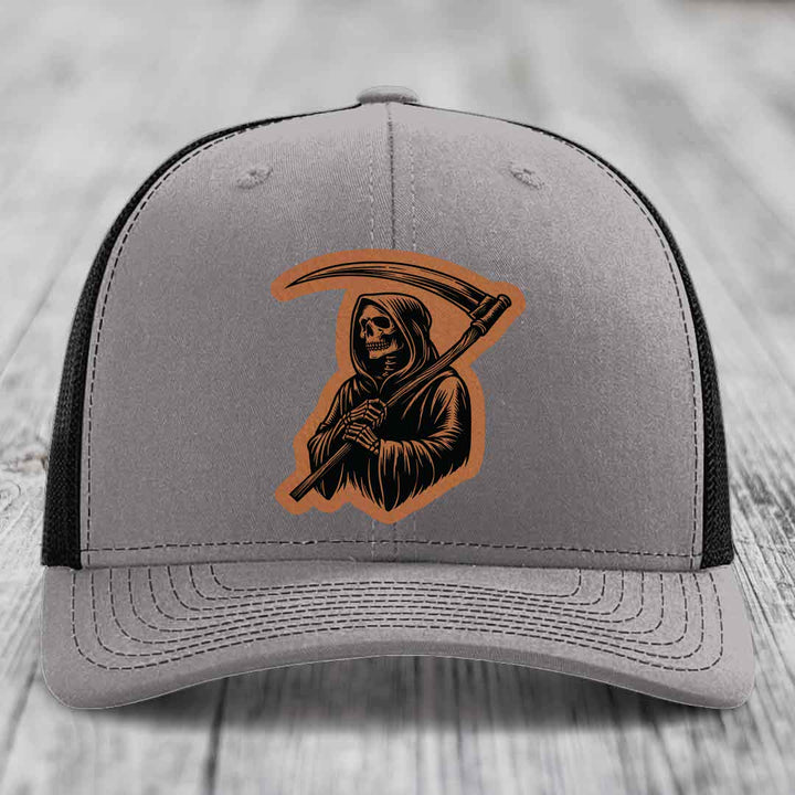 Grim Reaper - Leather Patch Hat - Rawhide to Black Patch - Richardson 112 Snapback Trucker Hat