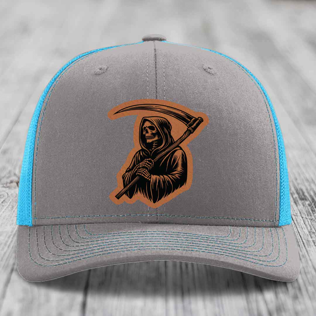 Grim Reaper - Leather Patch Hat - Rawhide to Black Patch - Richardson 112 Snapback Trucker Hat