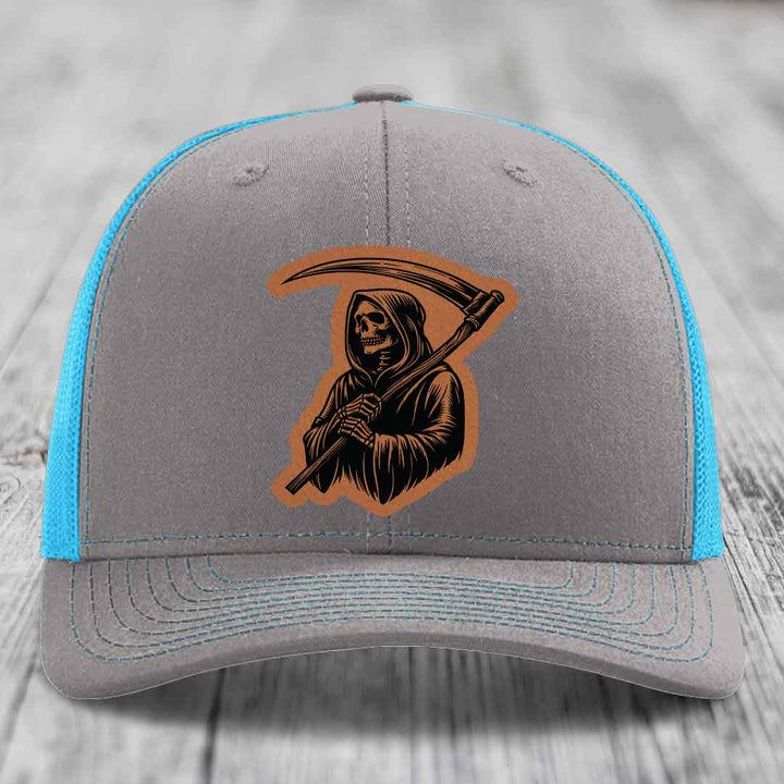 Grim Reaper - Leather Patch Hat - Rawhide to Black Patch - Richardson 112 Snapback Trucker Hat