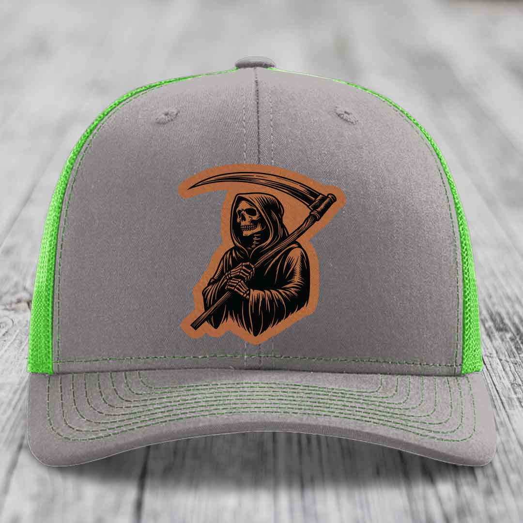 Grim Reaper - Leather Patch Hat - Rawhide to Black Patch - Richardson 112 Snapback Trucker Hat