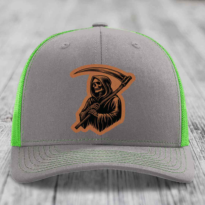 Grim Reaper - Leather Patch Hat - Rawhide to Black Patch - Richardson 112 Snapback Trucker Hat