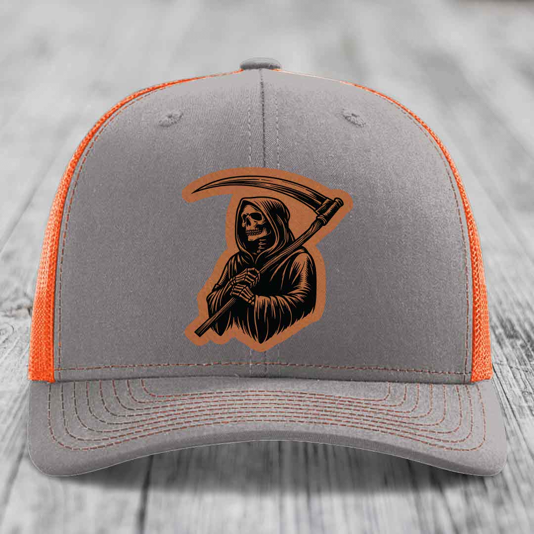 Grim Reaper - Leather Patch Hat - Rawhide to Black Patch - Richardson 112 Snapback Trucker Hat