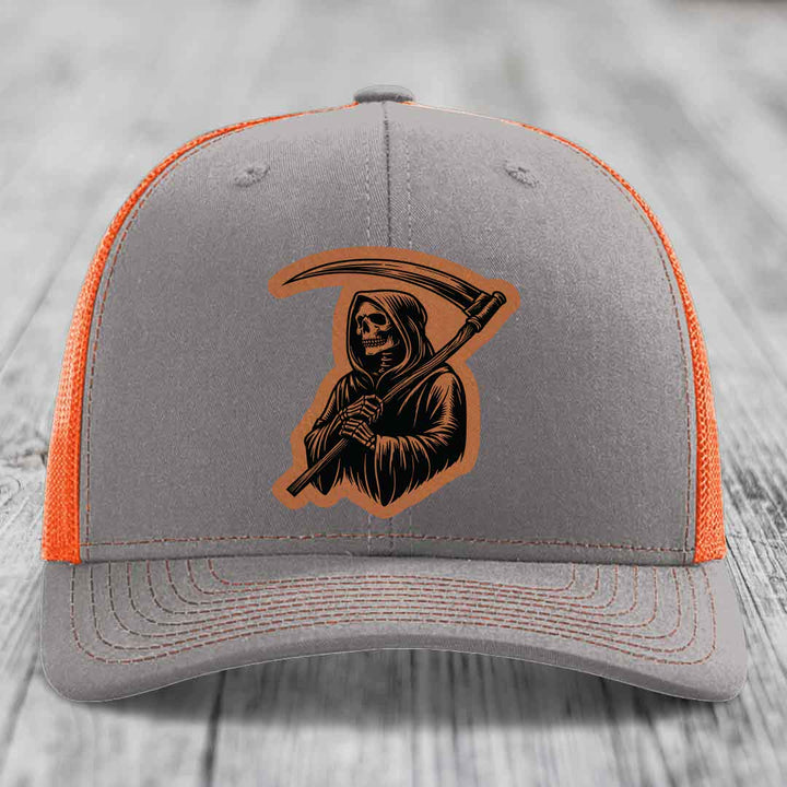 Grim Reaper - Leather Patch Hat - Rawhide to Black Patch - Richardson 112 Snapback Trucker Hat