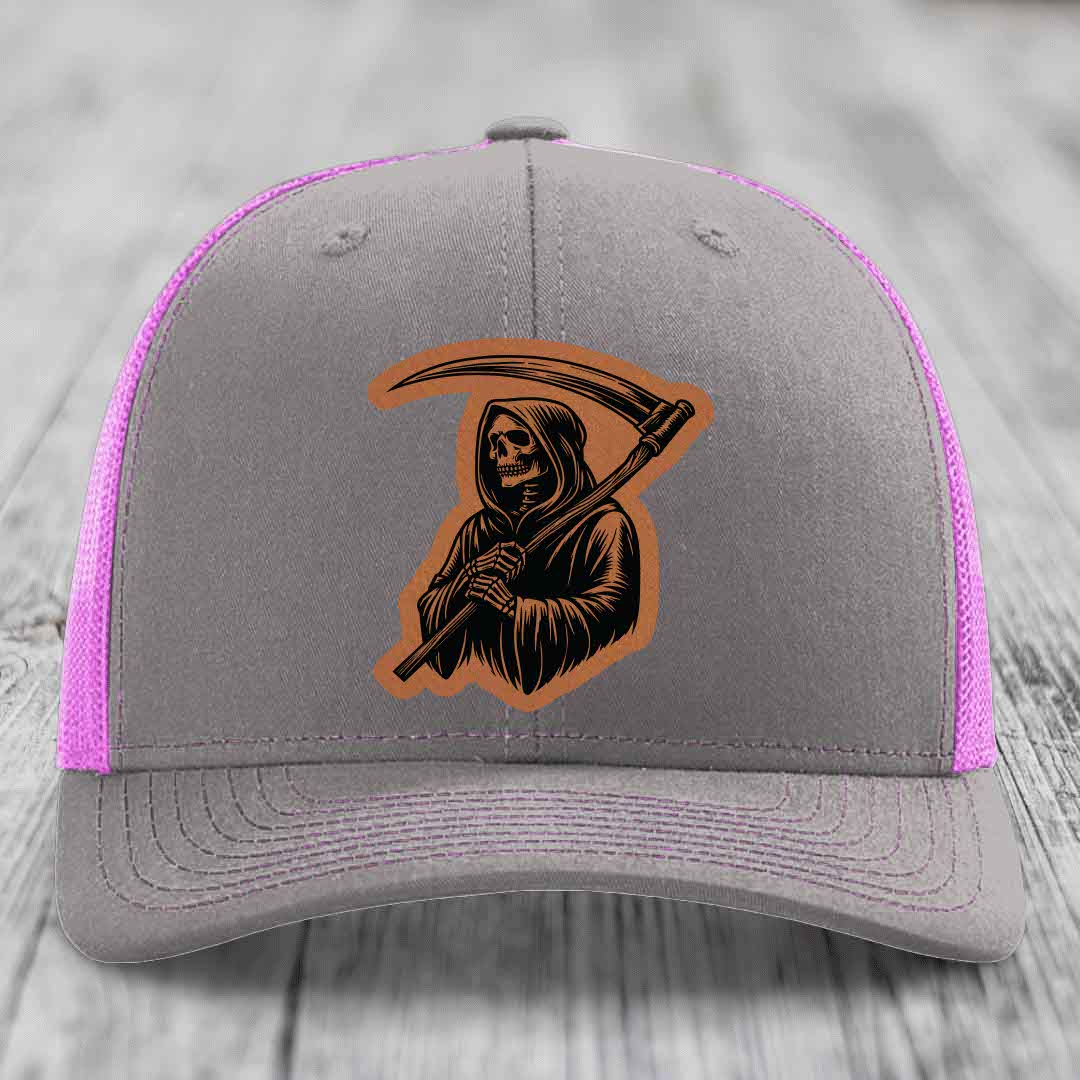 Grim Reaper - Leather Patch Hat - Rawhide to Black Patch - Richardson 112 Snapback Trucker Hat
