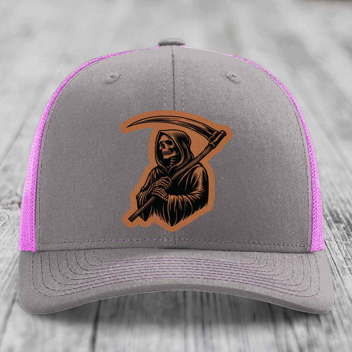 Grim Reaper - Leather Patch Hat - Rawhide to Black Patch - Richardson 112 Snapback Trucker Hat