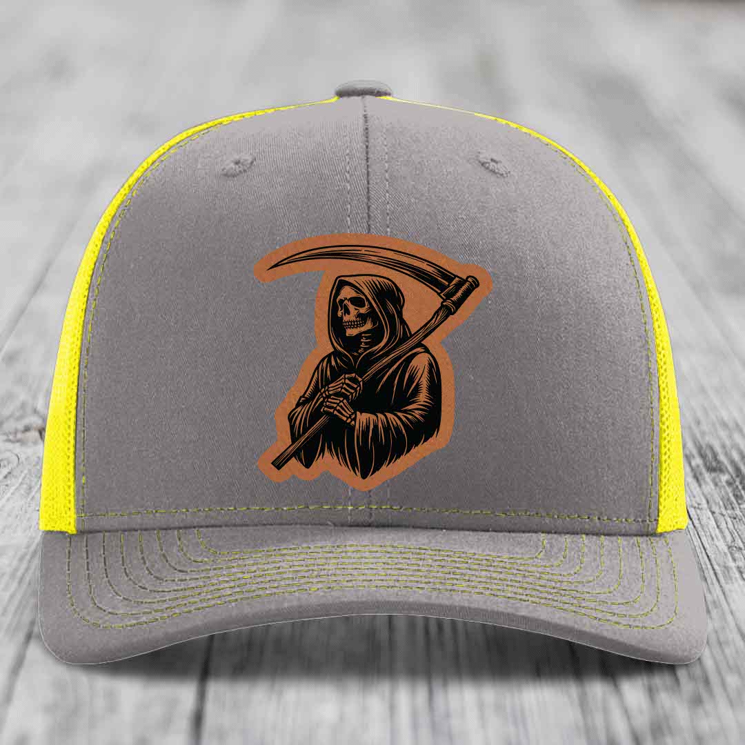 Grim Reaper - Leather Patch Hat - Rawhide to Black Patch - Richardson 112 Snapback Trucker Hat