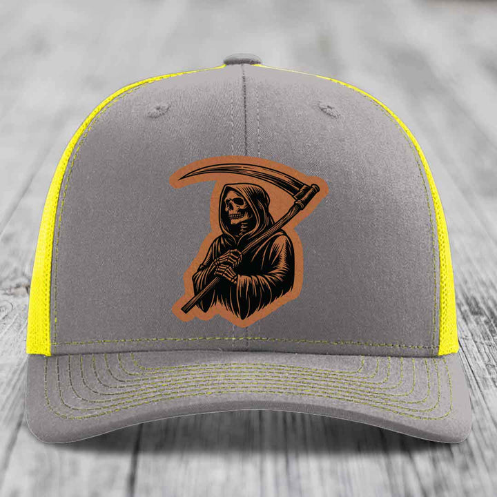 Grim Reaper - Leather Patch Hat - Rawhide to Black Patch - Richardson 112 Snapback Trucker Hat