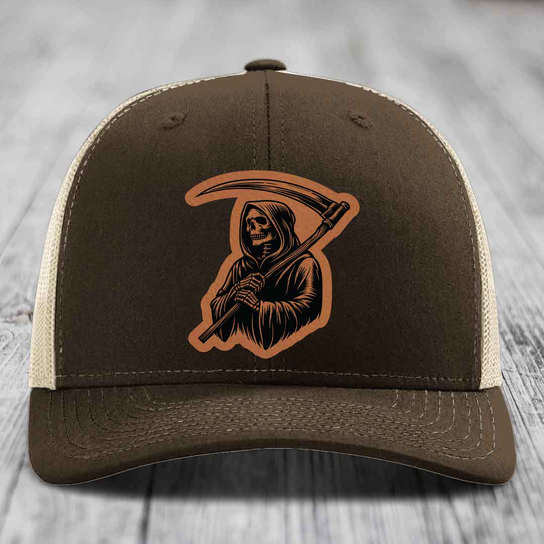 Grim Reaper - Leather Patch Hat - Rawhide to Black Patch - Richardson 112 Snapback Trucker Hat
