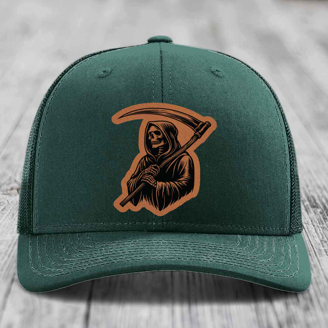 Grim Reaper - Leather Patch Hat - Rawhide to Black Patch - Richardson 112 Snapback Trucker Hat