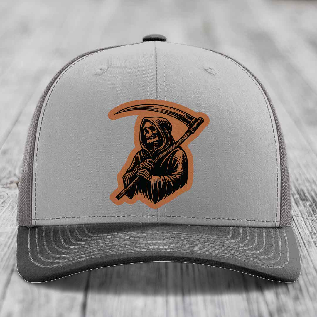 Grim Reaper - Leather Patch Hat - Rawhide to Black Patch - Richardson 112 Snapback Trucker Hat