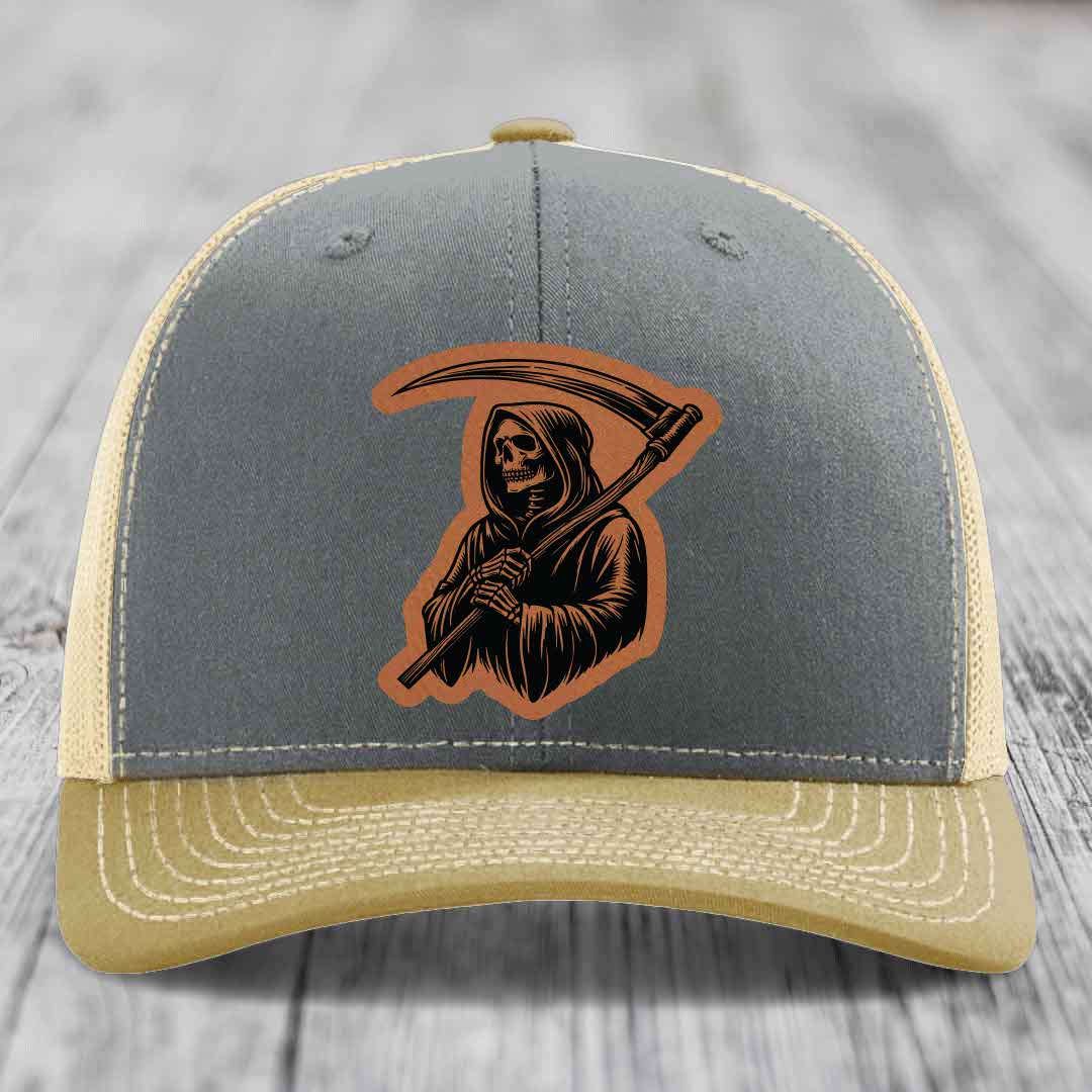 Grim Reaper - Leather Patch Hat - Rawhide to Black Patch - Richardson 112 Snapback Trucker Hat