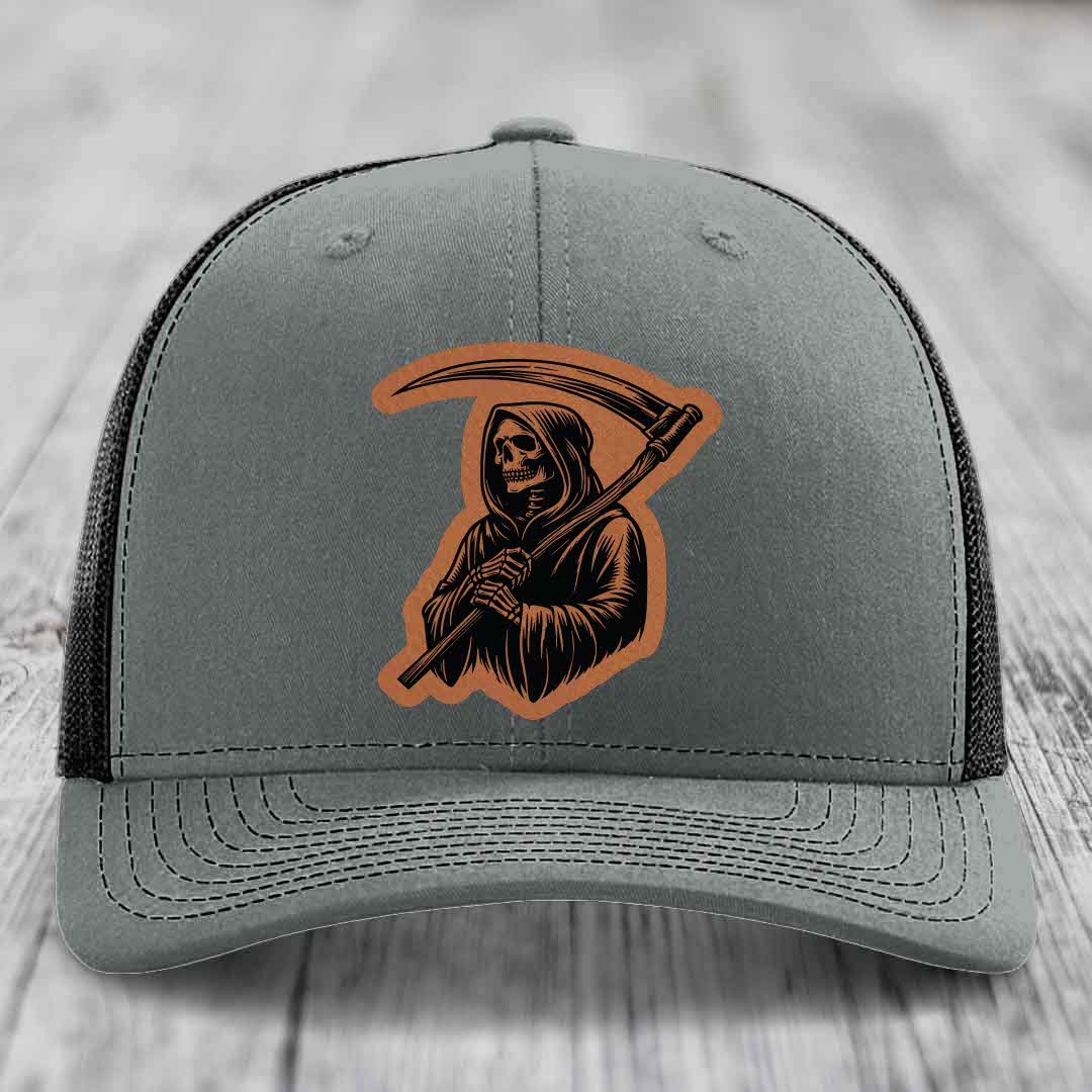 Grim Reaper - Leather Patch Hat - Rawhide to Black Patch - Richardson 112 Snapback Trucker Hat