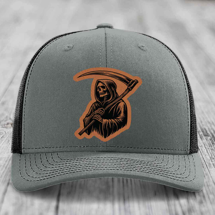 Grim Reaper - Leather Patch Hat - Rawhide to Black Patch - Richardson 112 Snapback Trucker Hat